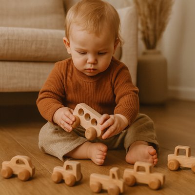 Voiture en bois avec enfant