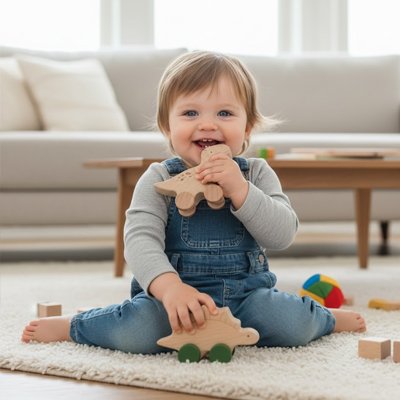 Voiture en bois bébé heureux avec ses jouets