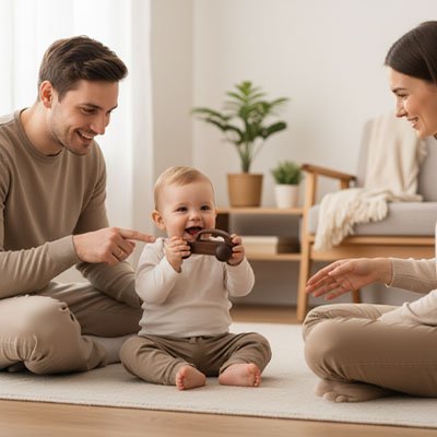 Voiture en bois bébé joue avec maman et papa