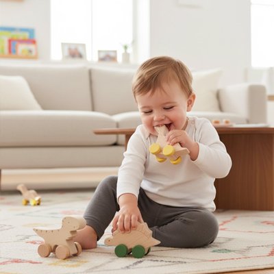 Voiture en bois bébé mets jouet dans la bouche