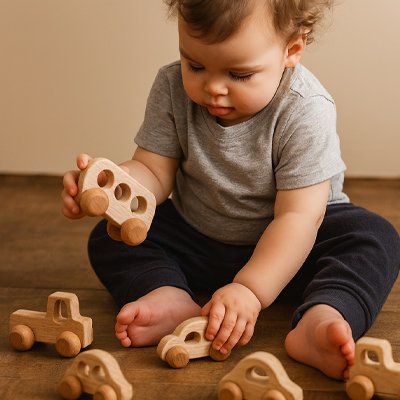 Voiture en bois enfant regarde joue