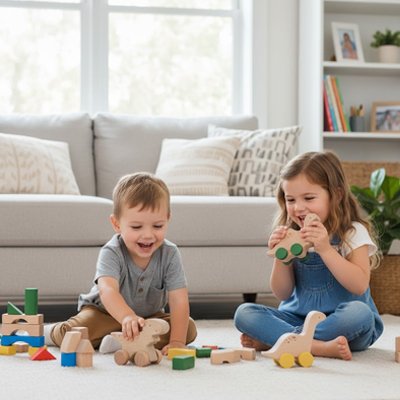 Voiture en bois les deux enfants sont contents 