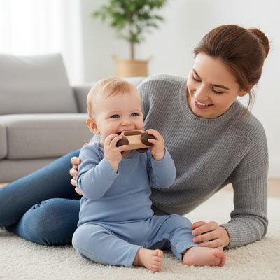 Voiture en bois maman regarde bébé jour