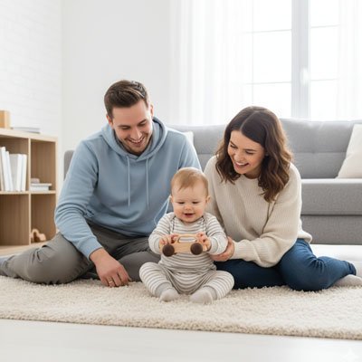 Voiture en bois papa regarde bébé avec maman