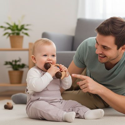 Voiture en bois papa regarde bébé 