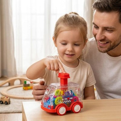 Voiture jouet rouge fillette papa